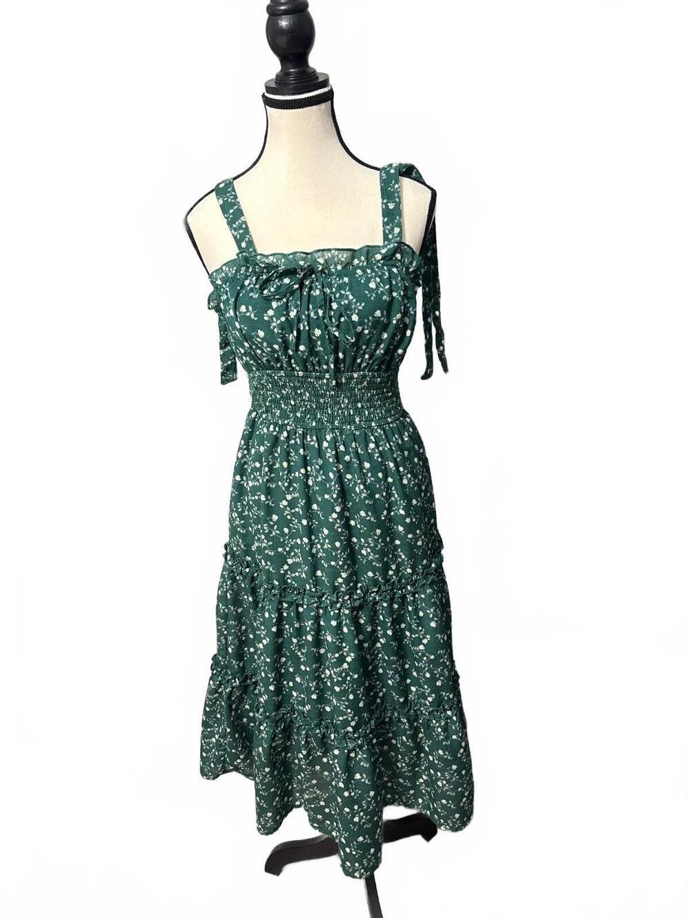 Green Floral Smocked Midi Dress with Tie Shoulder Straps, Size Small